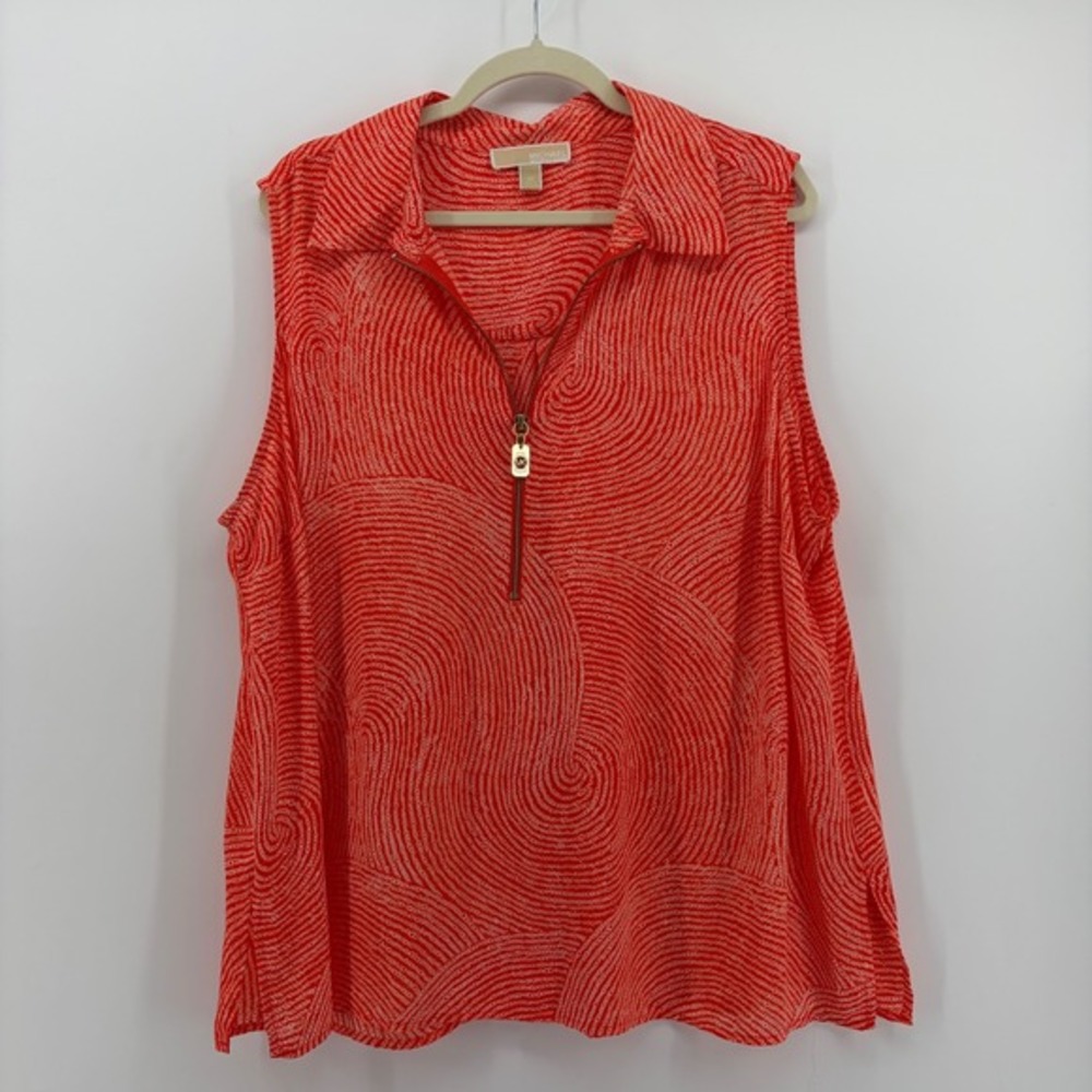 Michael Kors Orange Patterned Sleeveless Zip Polo Blouse